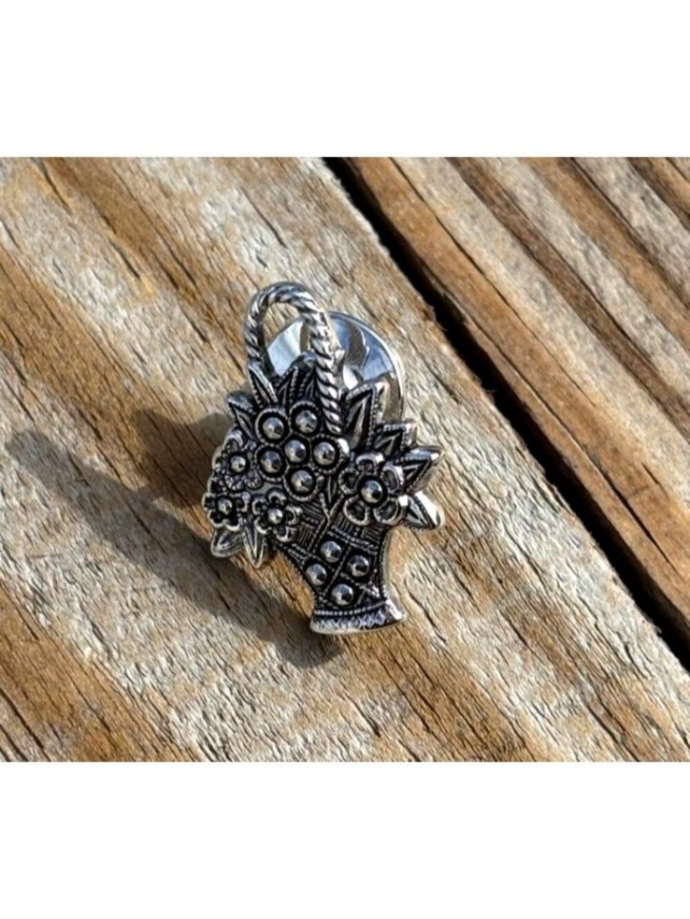 Avon 1982 Silver tone Marcasite-style Flower Basket Lapel Pin Brooch